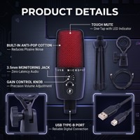 Microphone à condensateur USB professionnel ME3 192kHz/24bit, corps en alliage de zinc, micro gaming RGB avec gain matériel et fonction mute tactile