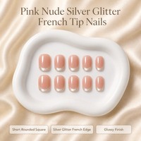 K775 Kaixin Faux ongles à presser réutilisables en ABS, surface brillante, forme carrée arrondie, bord français à paillettes argentées, vente en gros