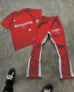 Mùa Hè Đường Phố Hip Hop Biểu Tượng Tùy Chỉnh Tracksuit Đặt Người Đàn Ông Của Vòng Cổ Chạy Bộ Thể Thao Bong Bóng In T-Shirt Và Quần loe Người Đàn Ông Thiết Lập