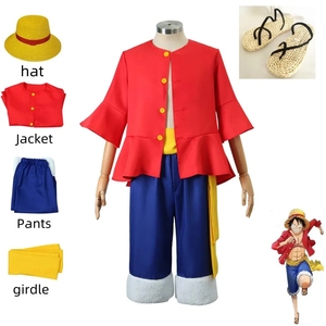 Anime <span class=keywords><strong>Luffy</strong></span> Cosplay disfraz sombrero <span class=keywords><strong>de</strong></span> paja <span class=keywords><strong>chaqueta</strong></span> roja Halloween carnaval fiesta disfraces para hombres mujeres adultos niños - Product Image 6