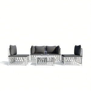 Ensemble de salon de jardin en acier blanc, 5 pièces, avec coussins, pour la détente en plein air, mobilier d'extérieur au design contemporain - Product Image 1