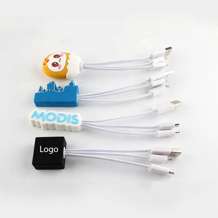 Logo Kustom Kabel Pengisi Daya Bentuk Lucu Kartun 3d Gambar Usb 3 In 1 Kabel Pengisi Daya untuk Ponsel