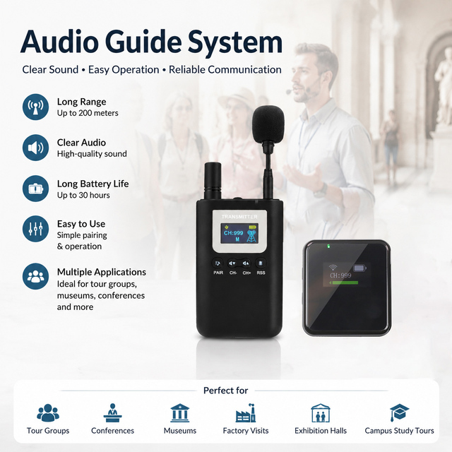 Wireless Whisper Audio Guide System 2.4G Long Standby Time 999 Channels for Group Tour Teaching Tourism Visit Translation