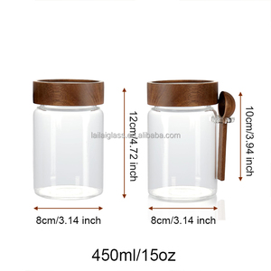 Set di 4 Barattoli in Vetro Ermetici da 450 ml, Vetro Borosilicato Spesso per Caffè, Tè, Zucchero, <span class=keywords><strong>Miele</strong></span> con Coperchio in <span class=keywords><strong>Acacia</strong></span> e Cucchiaio - Product Image 2