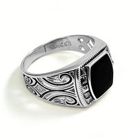 Kaanjewelry Men's Oval Black Onyx Rhodium Plated 925 Sterling Silver Signet Ring Antique Pattern Engraved Gemstone for Gift