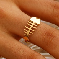 Bague ouverte ajustable en acier inoxydable plaqué or 18 carats motif arête de poisson pour femme, style minimaliste, unique, mignon, vintage, marque MID, usage quotidien, vente en gros