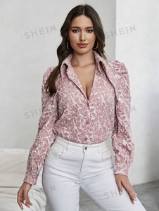 Tejido 100% poliéster burbuja elástico Jacquard telas para hacer mujeres Jacquard detalle cuello puntiagudo manga camisa - Product Image 2