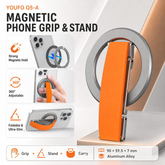 Hot Sale Aluminum Alloy Magnetic Foldable Multi-Angle Finger Ring Grip Phone Holder Stand with Anti-Drop Strap for Desk