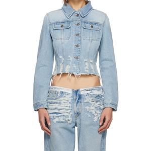 Chaqueta vaquera azul personalizada con dobladillo deshilachado y corte ajustado para mujer - Product Image 3