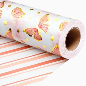 MAYPLUSS Girl Wrapping <b>Paper</b> <b>Roll</b> 17in x 16.5ft Gold Foil Butterfly Pink Gift <b>Wrap</b> for Baby Shower Bridal Wedding - Product Image 1