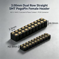 Connecteur PCB Denentech 3.00mm à double rangée, femelle, à contacts droits SMT PogoPin, H2.5 / H4.0, contact concave et plan