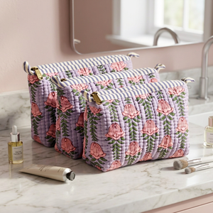 Juego de 3 Bolsas Acolchadas de Lujo Personalizadas, Bolsa de Aseo de Algodón Jaipur con Estampado de Bloques, Organizador de Maquillaje, Estuche de Cosméticos, Kit de Viaje para Mujer - Product Image 5