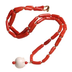 Natural Italian red coral bamboo necklace with natural magnolia pendant Unique Gifts for Women