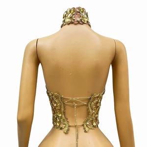 Traje de Danza con Temática de Canción Femenina para DJ, Estilo Gogo, Armadura Dorada, Ángulo Plano, Elástico, Corto, para Escenario, Talla Única, para Ballet - Product Image 2
