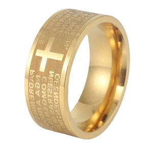 yunnique Men's <b>Titanium</b> Steel <b>Ring</b> Gold Cross Design Spanish Script Jewelry Gift - Product Image 5