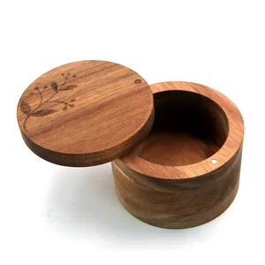 Tarro de sal de madera de Acacia con logotipo personalizado, con patrón y tapa giratoria, bote de sal