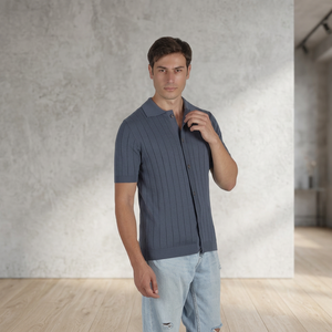เสื้อเชิ้ตผู้ชาย GITEX ผลิตในอิตาลี เป็นมิตรกับสิ่งแวดล้อม สีเทาล้วน คอวี แขนสั้น ติดกระดุม ผ้าแคชเมียร์ ผ้าฝ้าย ทอจากเส้นด้ายย้อมสี - Product Image 3