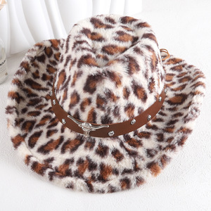 Sombrero Vaquero con Estampado de Leopardo ZhenXi, Talla M56-58cm, Fedora Esponjoso con Banda de Cabeza de Toro, Sombrero Elegante para el Día a Día - Product Image 1