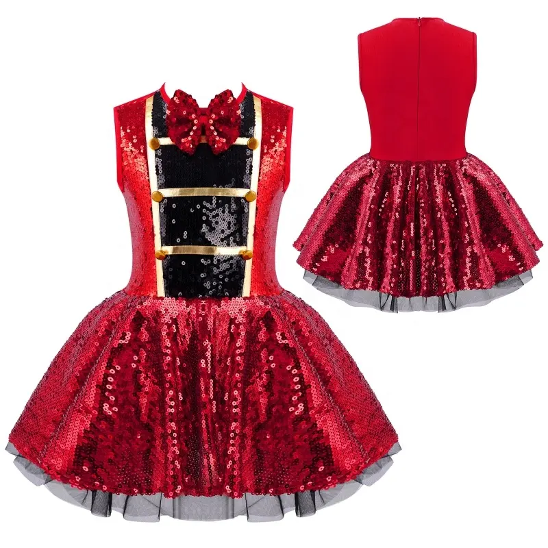 Kids Girls Sleeveless Shiny Sequins Red Dress Leotard Performance Wear