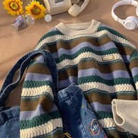 Pulls rayés pour hommes, automne-hiver, chauds, streetwear, tricots à manches longues, col rond, pulls amples, tricots vintage, 100% polyester