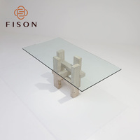 Table à manger rectangulaire en travertin Wabi Sabi avec plateau en verre transparent, table à manger moderne de luxe pour hôtel, table à manger personnalisée pour usage commercial