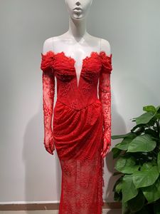 OEM personalizzato abito di pizzo rosso per le donne Sexy taglio basso di alta Modulare elegante da sera di nozze guanti stile alla moda <span class=keywords><strong>impero</strong></span> - Product Image 5