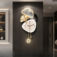 Reloj de Pared Analógico de Cuarzo con Hoja de Ginkgo Retroiluminada por LED, Péndulo de Metal, Doble Placa Irregular, Silencioso, sin Tictac, Decorativo