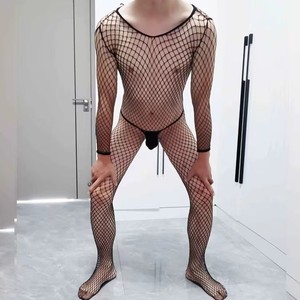 Men's <b>Fishnet</b> Bodysuit Black Nylon Spandex Mid Rise Sexy Underwear - Product Image 5