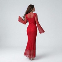 Robe longue sirène rouge unie en maille pour femme, 2 pièces, col rond, manches longues évasées, respirante, longueur cheville