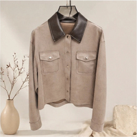 Veste Courte Femme Tendance à Revers Contrastant, 100% Polyester, Boutonnée, avec Poches Plaquées, Vêtement d'Extérieur Quotidien