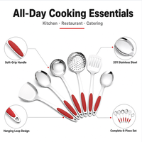 Ensemble d'ustensiles de cuisine écologiques 6 pièces en acier inoxydable 201 poli miroir, avec poignées rouges à prise souple : spatule, louche, spatule à retourner, écumoire