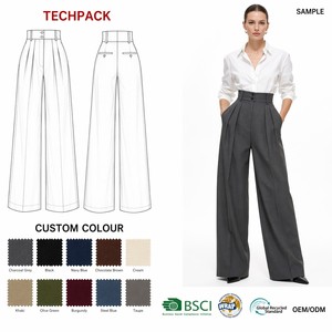 OEM ODM Custom di alta qualità in <span class=keywords><strong>lana</strong></span> estiva formale a vita alta pieghettato anteriore traspirante ufficio <span class=keywords><strong>pantaloni</strong></span> larghi <span class=keywords><strong>donna</strong></span> produttore - Product Image 1