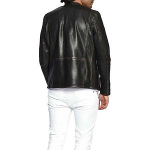 Men's Genuine Leather Breathable Moto Jacket Slim Fit Covered Button Closure Black Autumn Wear Stand Front Faux <b>Fur</b> Lining - Product Image 3