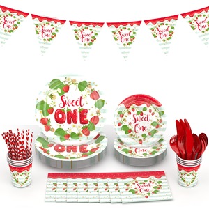 Plato de papel para fiesta de cumpleaños con temática de <span class=keywords><strong>fresa</strong></span>, vaso de papel, pastel de frutas de verano para niños, decoración, juego de cubiertos de revelación de género - Product Image 2