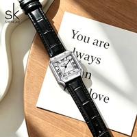 Montre pour femme SK Fashion en cuir noir et acier inoxydable, cadran carré à quartz, prête à être expédiée