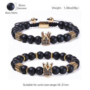 2021 New 8 mm <strong>Black</strong> Frosted Stone <strong>Beaded</strong> Gold Plated CZ Crown Charm Bracelet Adjustable White and <strong>Black</strong> Zircon Couples Bracelets - Product Image 4