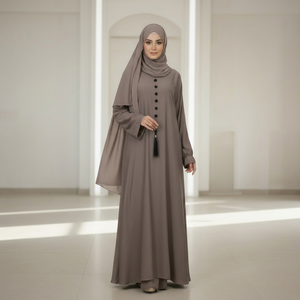 Ensemble Abaya Hijab Kaki à Manches Longues, Robe Musulmane avec Boutons à Pompons, Tenue Modeste - Product Image 5