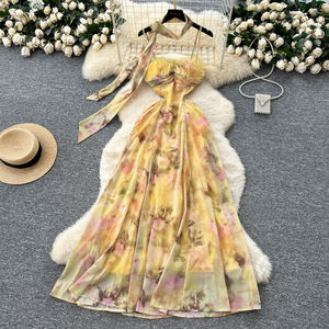 2025 estate Sexy Casual <span class=keywords><strong>abito</strong></span> <span class=keywords><strong>Midi</strong></span> per le donne impero <span class=keywords><strong>floreale</strong></span> con <span class=keywords><strong>abito</strong></span> di pizzo traforato - Product Image 1