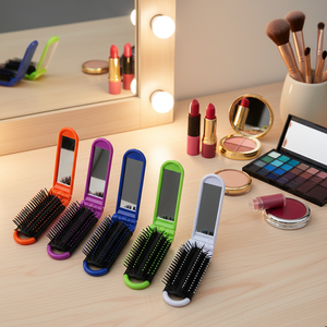 Mini miroir cosmétique de poche pliable en plastique avec logo personnalisé d'usine brosse à cheveux compacte double face finition argentée vente en gros éclairée - Product Image 5