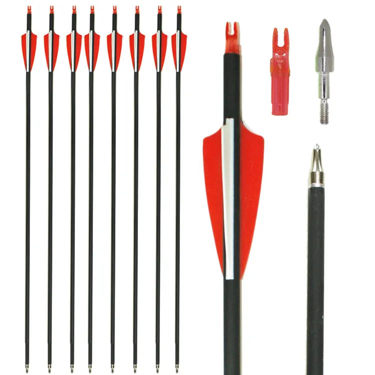 30 inch Target Hunting Arrows Carbon Arrow Black-Red Feather with Replaceable Arrowhead Spine 500 for Recurve and Coumpond Bows