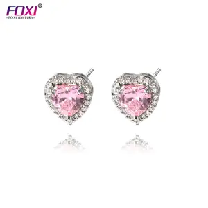 2024 Women Iced Out Earrings Elegant Fashion Jewelry Rhodium Plated Pink Zircon Heart Earrings For Women