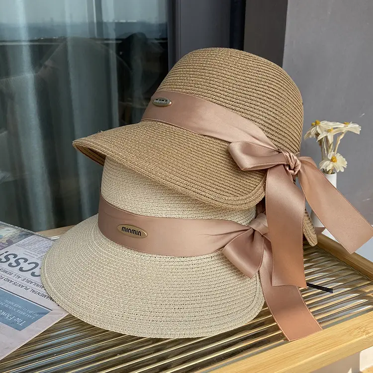 Femme été grand avant-toit parasol et crème solaire chapeau de paille pliable plage soleil chapeau mariage église tête porter