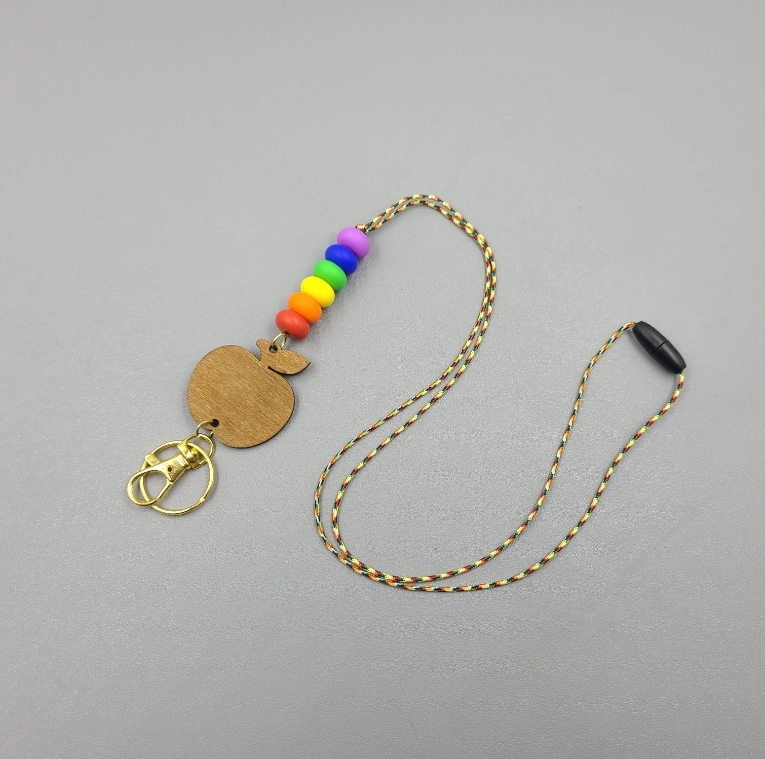 Teacher Lanyard Gift, Personalized Pastel Silicone Beads Lanyard Keychain Pencil Lanyard, Wooden Apple Shape Sign Keychain Image 4