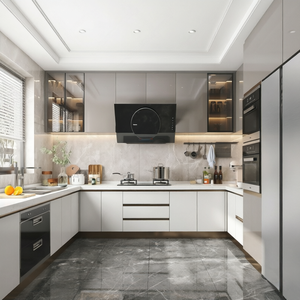Ensemble de meubles de <span class=keywords><strong>cuisine</strong></span> modulaires haut de gamme contemporains, finition laquée beige, grand rangement intégré, directement de l'usine - Product Image 3