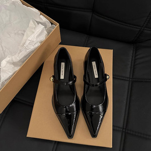Zapatos de cuero con punta en pico - nuevo estilo de primavera con tacones gruesos y altos. Zapatos Mary Jane de estilo francés retro. - Product Image 5