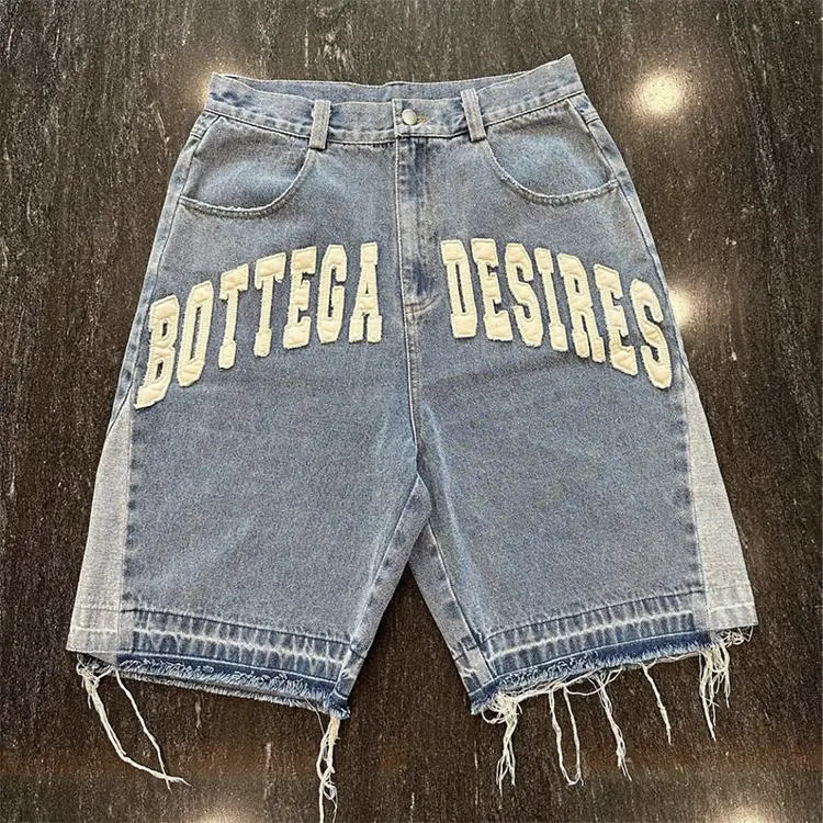 EDGE DENIM Custom raw hem distressed applique embroidered jeans shorts men