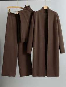 طقم نسائي جديد للخريف والشتاء، كارديجان طويل فضفاض + سترة بياقة عالية + بنطلون واسع الساق، طقم من ثلاث قطع - Product Image 6