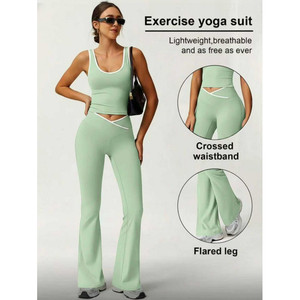 Conjunto de Yoga Bi Cross Flare Sólido Negro con Leggings de Cintura Alta y Ribete Blanco, Elástico en Cuatro Direcciones, Sin Costuras, Deportivo, para Mujer - Product Image 6