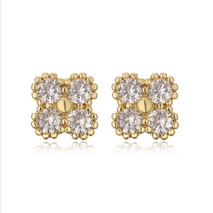 Boucles d'Oreilles Vintage Luxe Cuivre Incrusté Zircon Tige Mince Mini Carré Trèfle à Quatre Feuilles Boucles d'Oreilles pour Femmes - Product Image 2