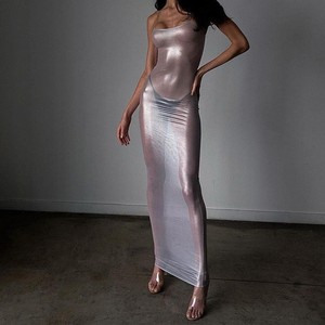 Nouvelle discothèque mode licou voir à travers moulante Sexy Perspective maille filles chaudes argent mince Midi femmes robes - Product Image 1